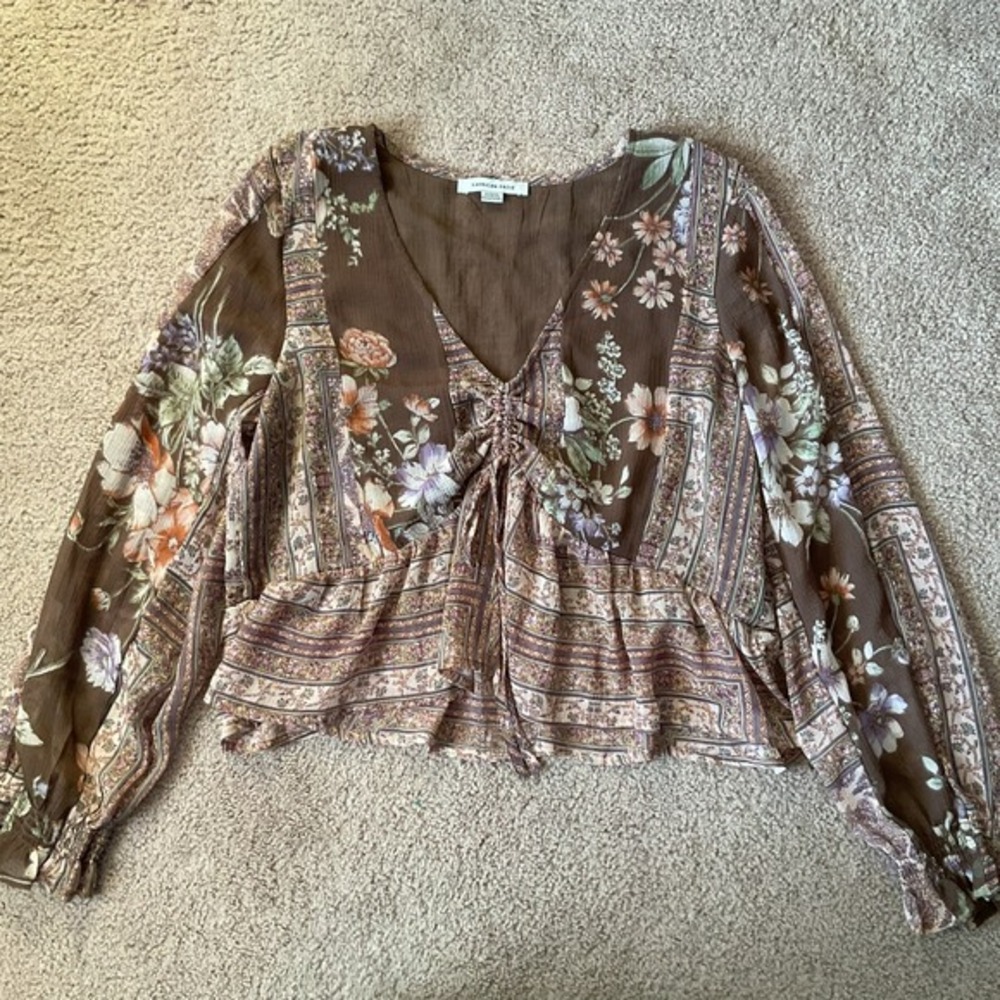 American Eagle Sheer Fairycore Grunge Crop Top with‎ Peasant Sleeve Size Medium